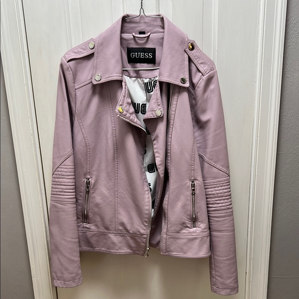 Guess Pink Leather Jacket Asymmetrical Zipper